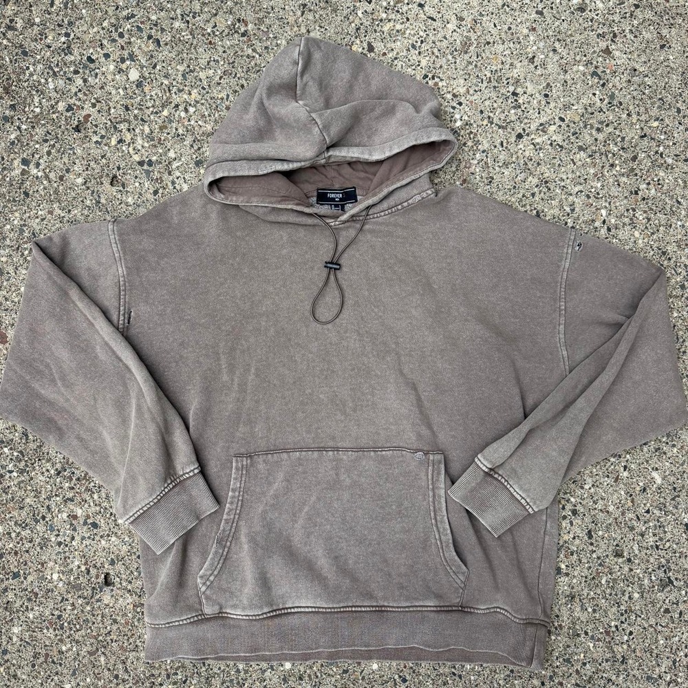 Forever 21 Mens Washed Brown Oversized Hoodie Distressed Pullover Sweatshirt L